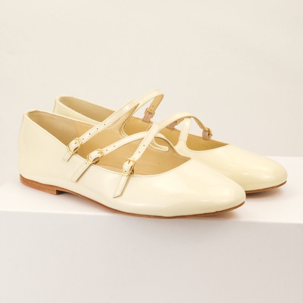 CELINE Criss-Cross Babies Ballerina Flats, Ivory Patent Leather - Picture 2 of 10